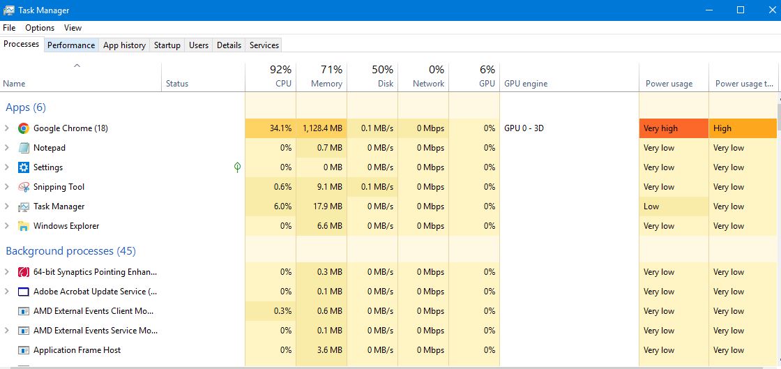 Task Manager showing apps and their CPU and memory usage