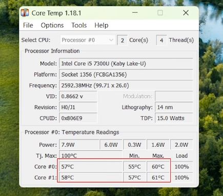 Core Temp software showing live CPU temperature readings