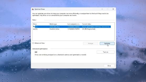 Optimize button clicked in Windows 11 running TRIM on the SSD