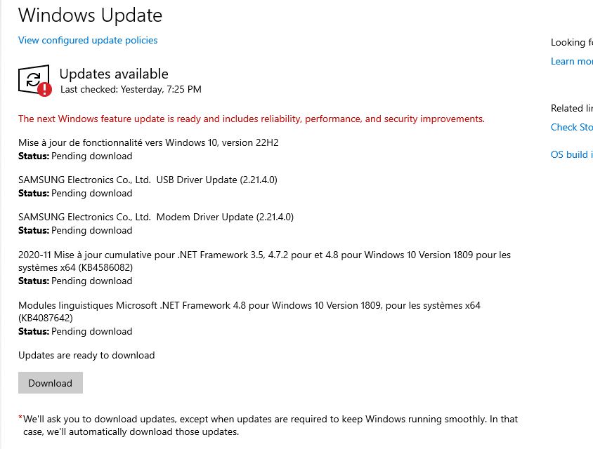 Checking for available Windows updates in Settings
