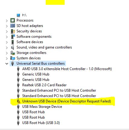 Unknown USB Device Device Descriptor Request Failed shown in Windows 11 Device Manager with Error Code 43