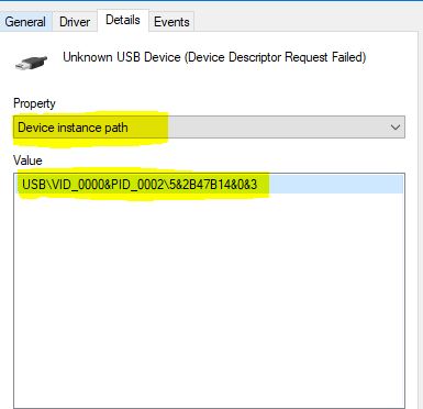Device instance path selected on the Details tab in Windows 11 Device Manager properties