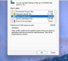 DirectX Shader Cache checkbox selected in Disk Cleanup on Windows 11