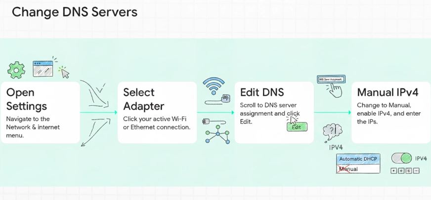 Switching to a manual public DNS server like Google DNS or Cloudflare DNS in Windows network settings