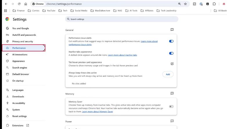 Performance tab selected in Chrome settings sidebar