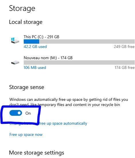 Storage Sense toggled on in Windows 11 Settings under System Storage