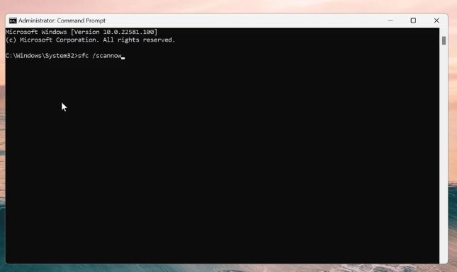 Administrator Command Prompt running the sfc /scannow command