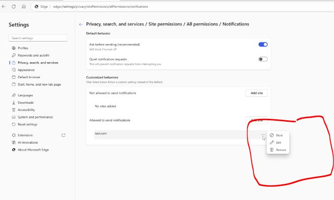 Allow section in Microsoft Edge notification settings showing the three-dot menu next to a website