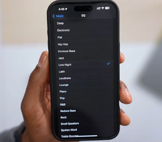 Apple Music EQ menu with the Late Night preset selected for louder-sounding playback