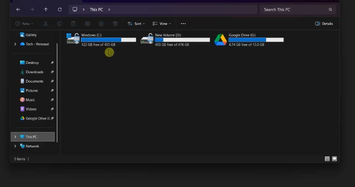 File Explorer showing available storage space on the Windows drive