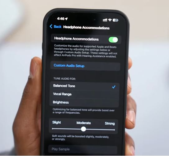 Headphone Accommodations screen with amplification level options for AirPods