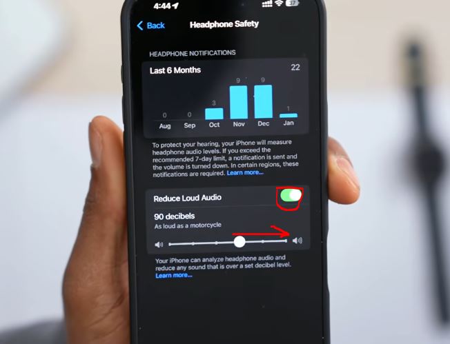Headphone Safety screen showing the Reduce Loud Sounds volume option on iPhone