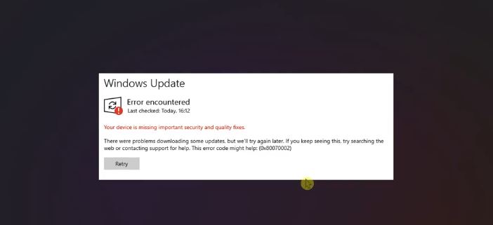 Windows Update error 0x80070002 message on a Windows PC