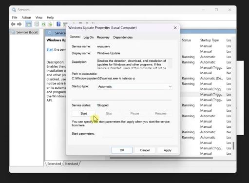 Windows Update service properties set to Automatic startup type