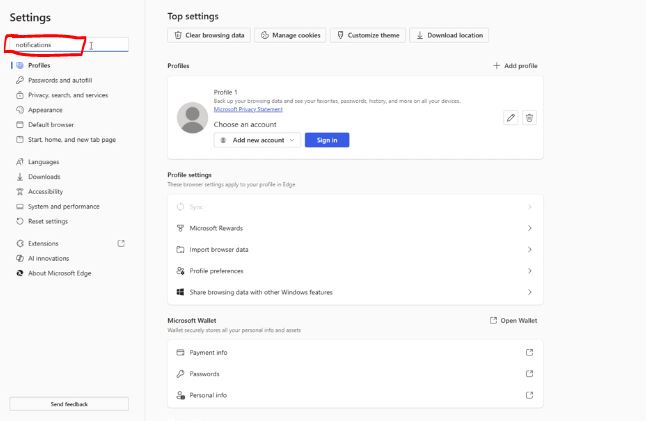 Typing notifications into the Microsoft Edge settings search box